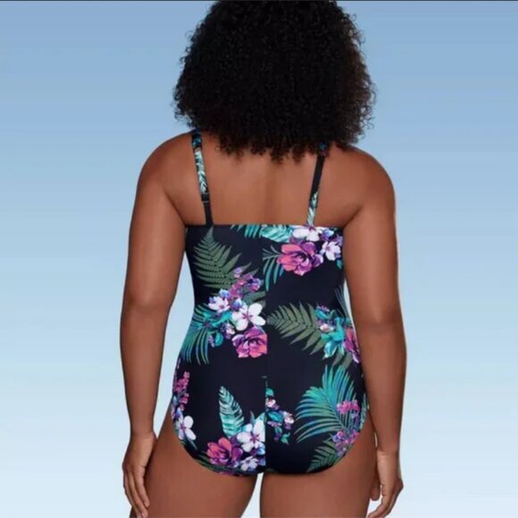 Waist Detail Over the Shoulder One Piece Swimsuit - Aqua Green® Black Floral M - Picture 3 of 8